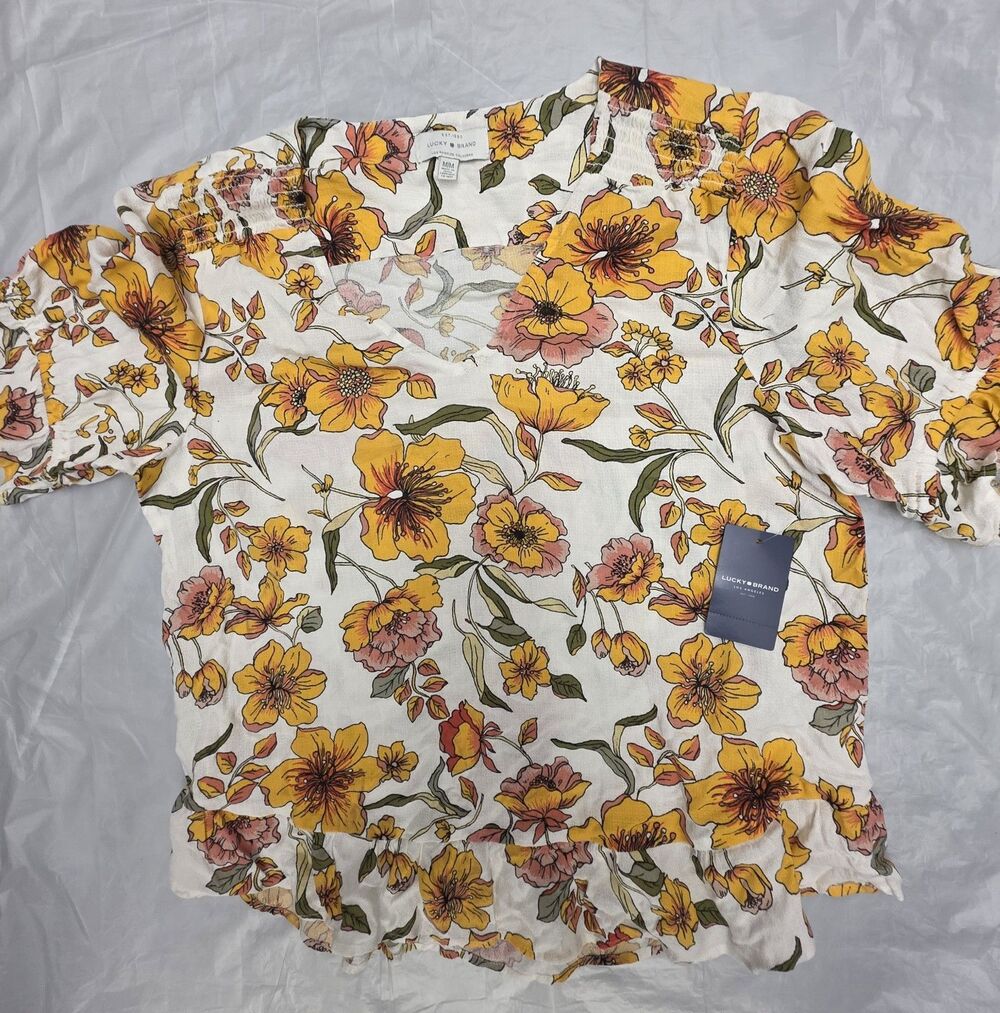 Lucky Brand Floral Button Front Blouse Women’s Medium Pink Modal Short Sleeve